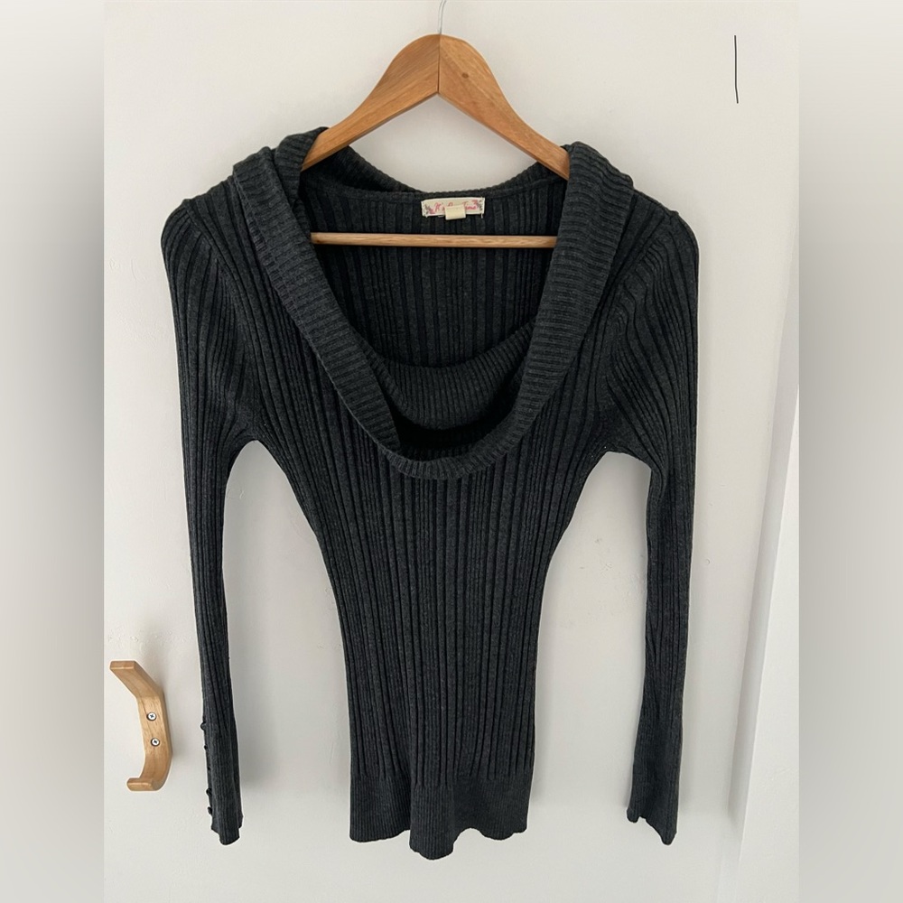 It’s Our Time Grey Cowl Neck Ribbed Stretchy Sweater 001